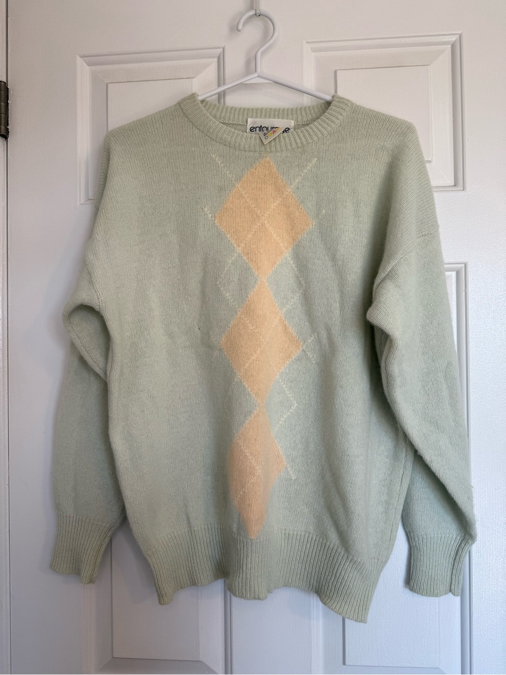 Vintage Mint Green Argyle Crewneck Sweater- Lambswool and Rabbit hair blend- lrg
